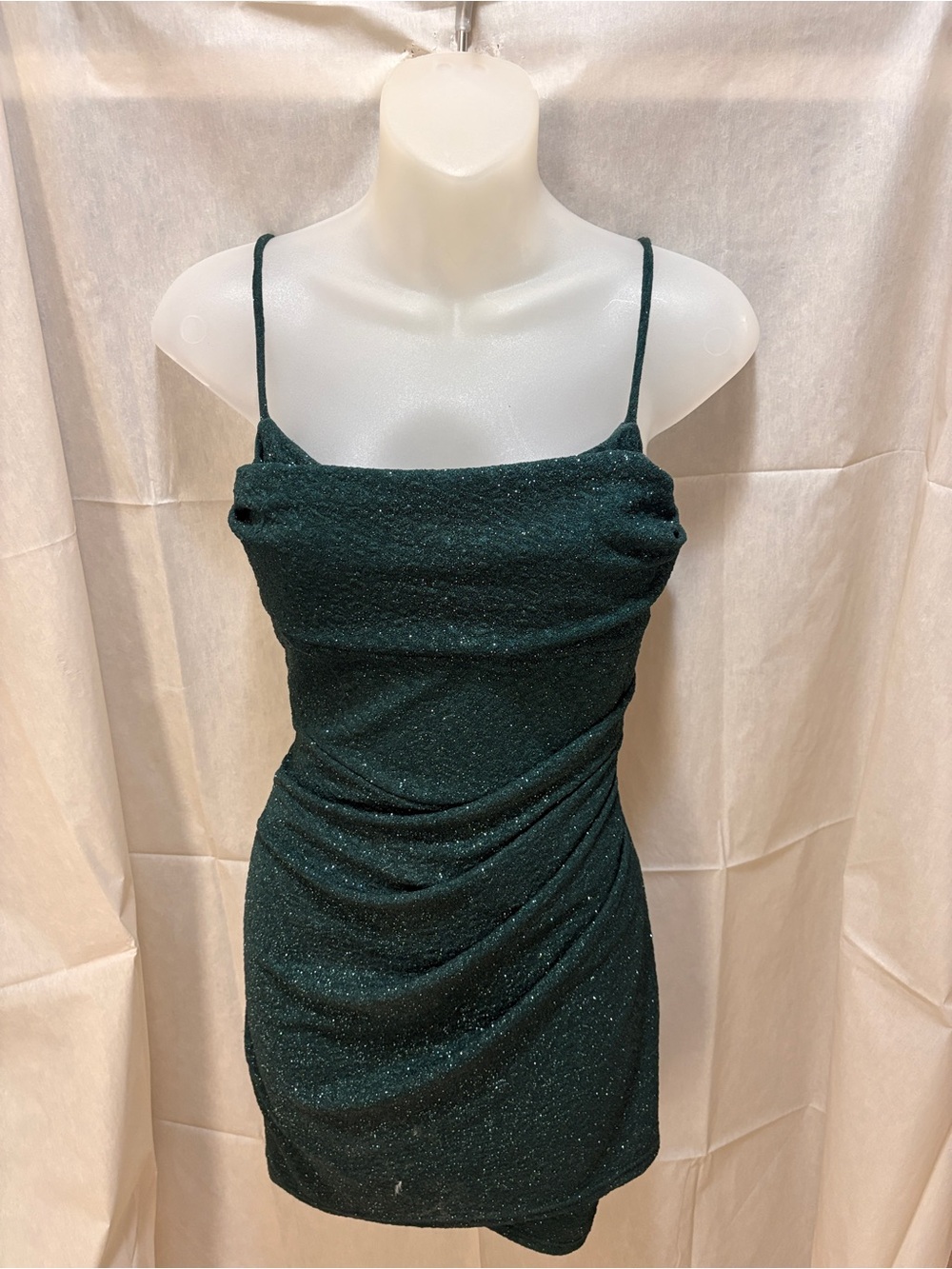 Windsor Dark Green Sparkle Spaghetti-Strap Ruched Mini Dress
